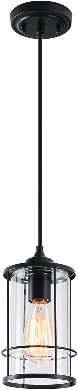 Black Pendant Light Kitchen Island Glass Pendant Light Fixture, Kitchen Hanging Lights with Clear Glass, Modern Farmhouse Cage Pendant Lights for Dining Room Hallway Bathroom