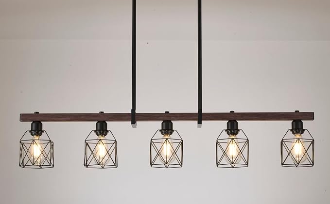 5-Light Industrial Farmhouse Chandelier with Wood Grain Bar and Black Metal Cage – Rustic Hanging Ceiling Lamp for Kitchen Island, Dining Room, and Living Room