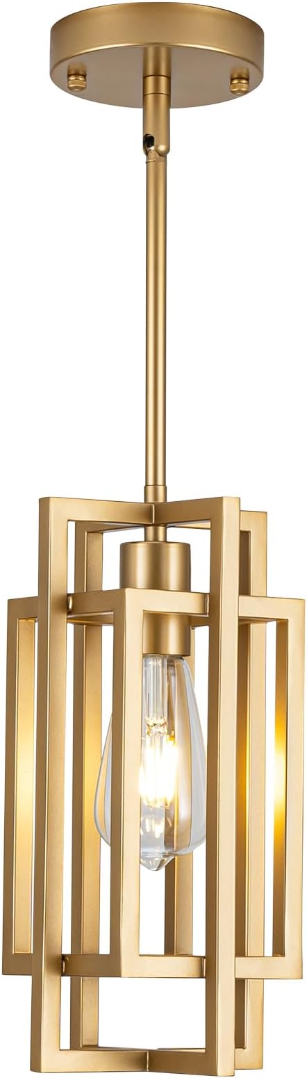 Farmhouse Pendant Light Fixtures, Gold Modern Pendant Lights 59'' Adjustable Small Square Pendant Ceiling Hanging Light for Kitchen Island Dining Room Entryway