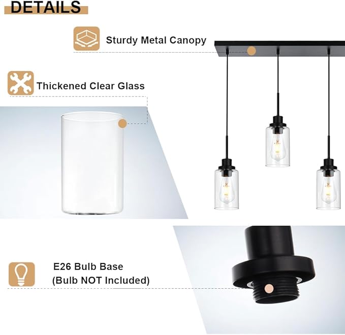 6-Lights Pendant Light Fixtures Ceiling, Modern Black Adjustable Hanging Lamp with Clear Glass Shades, Dining Room Kitchen Island Lighting E26 Bulb Base