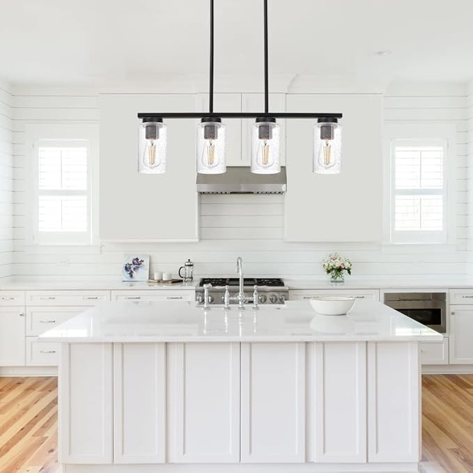 TODOLUZ Black Kitchen Island Light with Seeded Glass Shade, 4-Lights Farmhouse Chandelier Ceiling Pendant Lighting Fixture for Dining Room