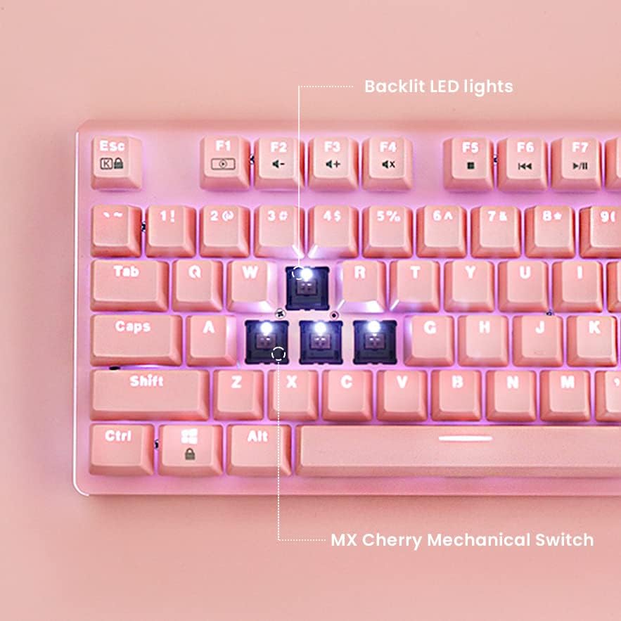 i-rocks K75M Illuminated Mechanical Keyboard, 104 Keys, PBT Keycaps, Backlit LED Light and Shortcut Keys - Programmable Light & Macro Recorder (Cherry MX Red Switch, Pink)