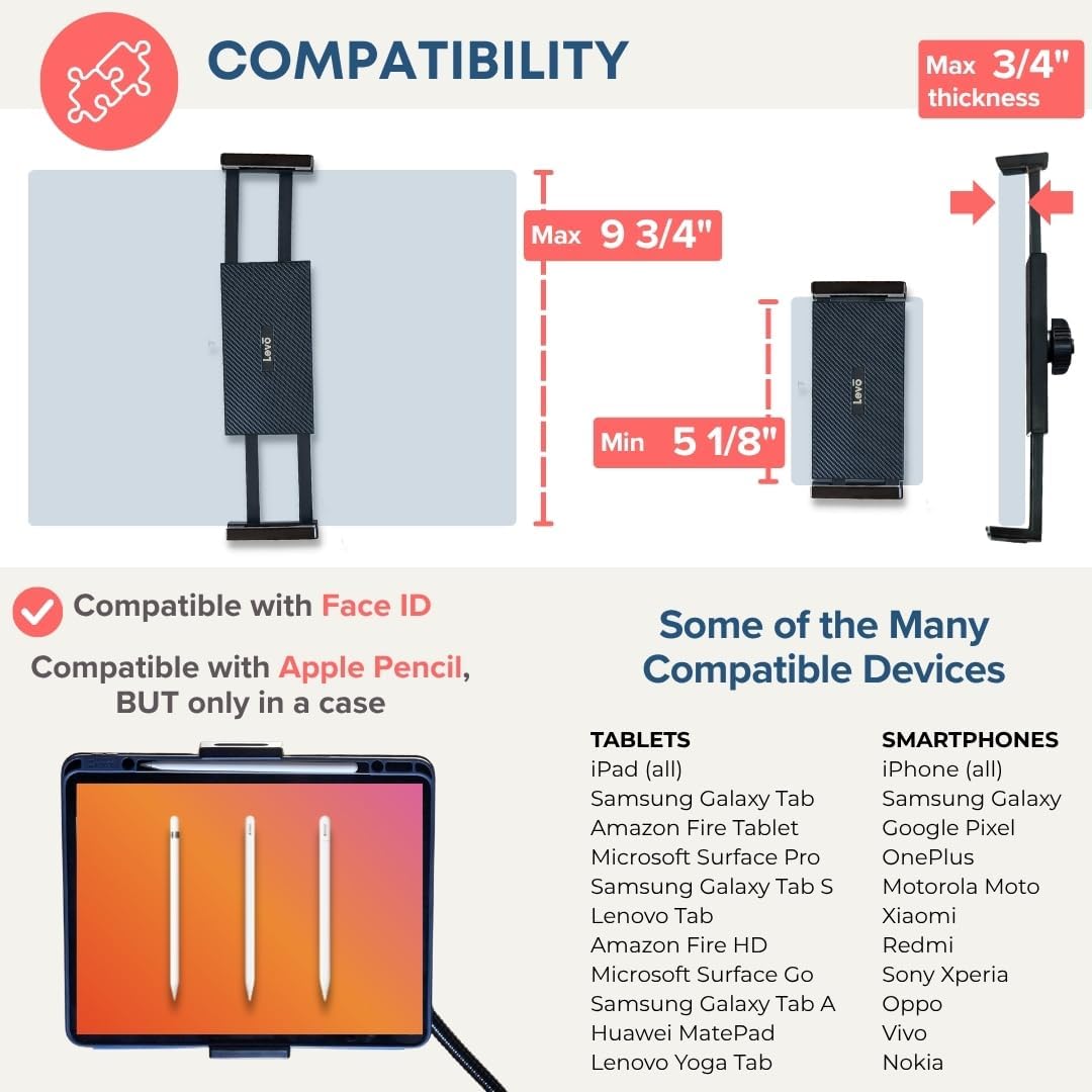 LEVO Adjustable Tablet & Phone Floor Stand with Multi-Axis Head, Hourglass Base & Locking Casters – Premium Rolling Gooseneck Mount, Stable Weighted Design, Fits Devices 4-13 Inch, Height 30-60 in