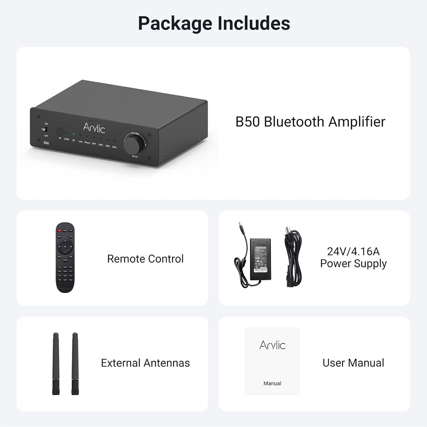 Arylic B50 2 Channel Bluetooth Amplifier with Audio Transmitter, 50W*2 Home Stereo Amplifiers with HDMI ARC,DAC,Phono in and Free APP. Support aptX HD Music Transmission & Reception.