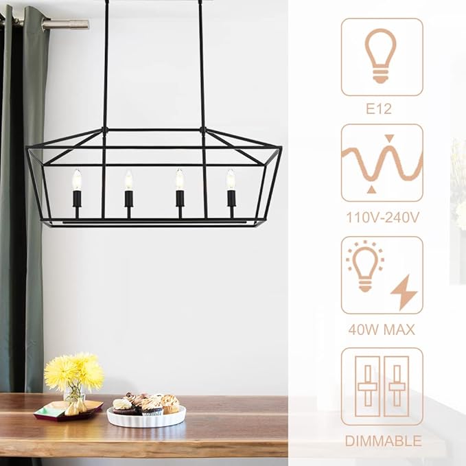 4-Lights Rustic Chandelier for Dining Room, 32-Inches Width Pendant Lighting for Kitchen Island in Black Finish