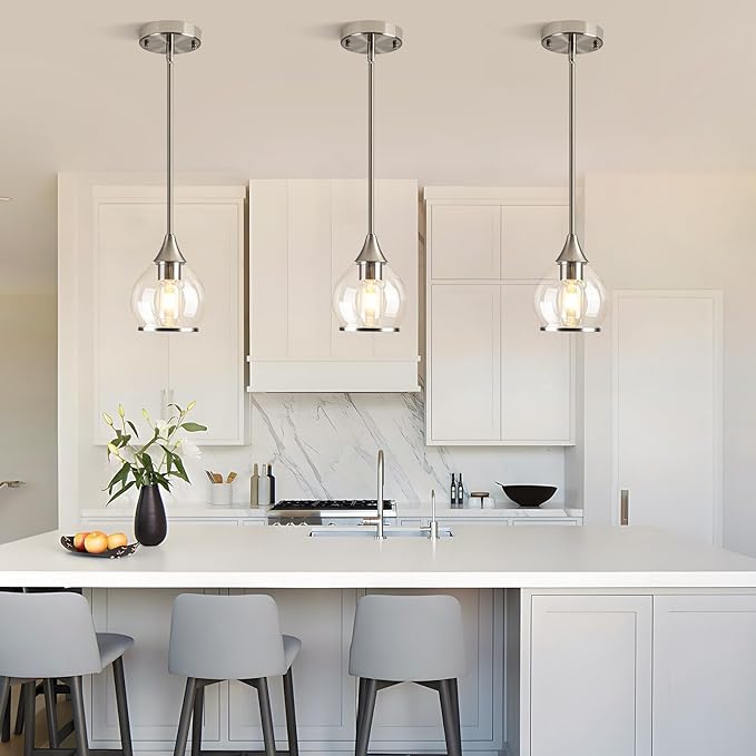1-Piece Brushed Nickel Island Light for Kitchen, 1-Light Brushed Nickel Hanging Pendant Light with Clear Round Glass Shade for Dining Room,Bedroom