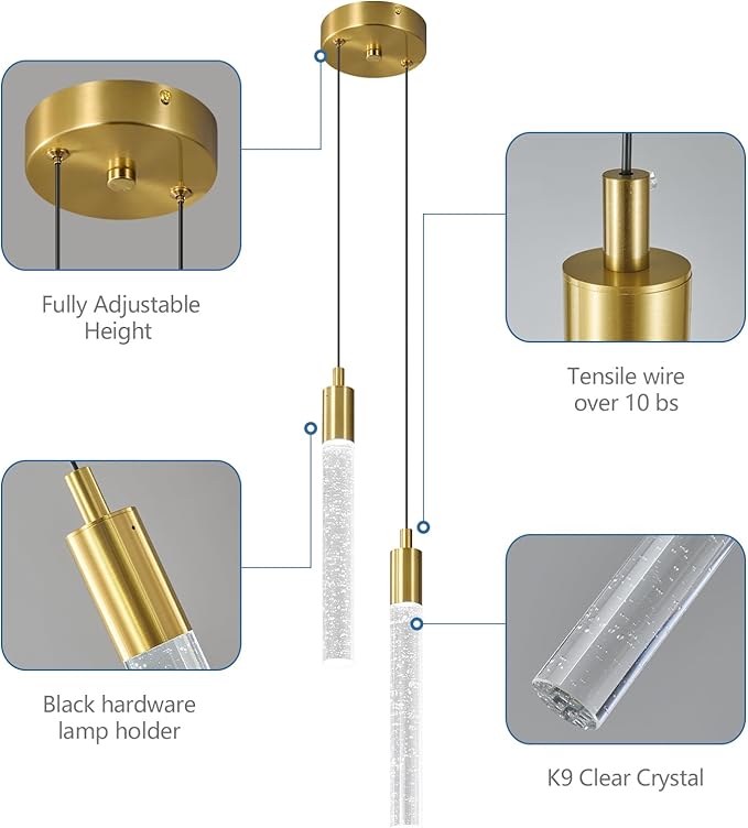 Modern Light Fixture Kitchen Island Pendant Light Dimmable LED Gold Pendant Lights Mini Crystal Pendant Lighting for Bedroom Dining Room Living Room(2-Light )
