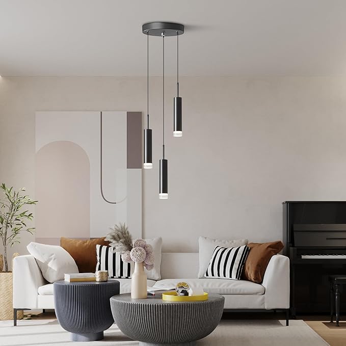KCO Lighting Modern Black 3-Light LED Cylinder Pendant Light Contemporary Adjustable Kitchen Island Cluster Pendant Lighting Nordic Round Metal Long Tube Hanging Ceiling Pendant Lights