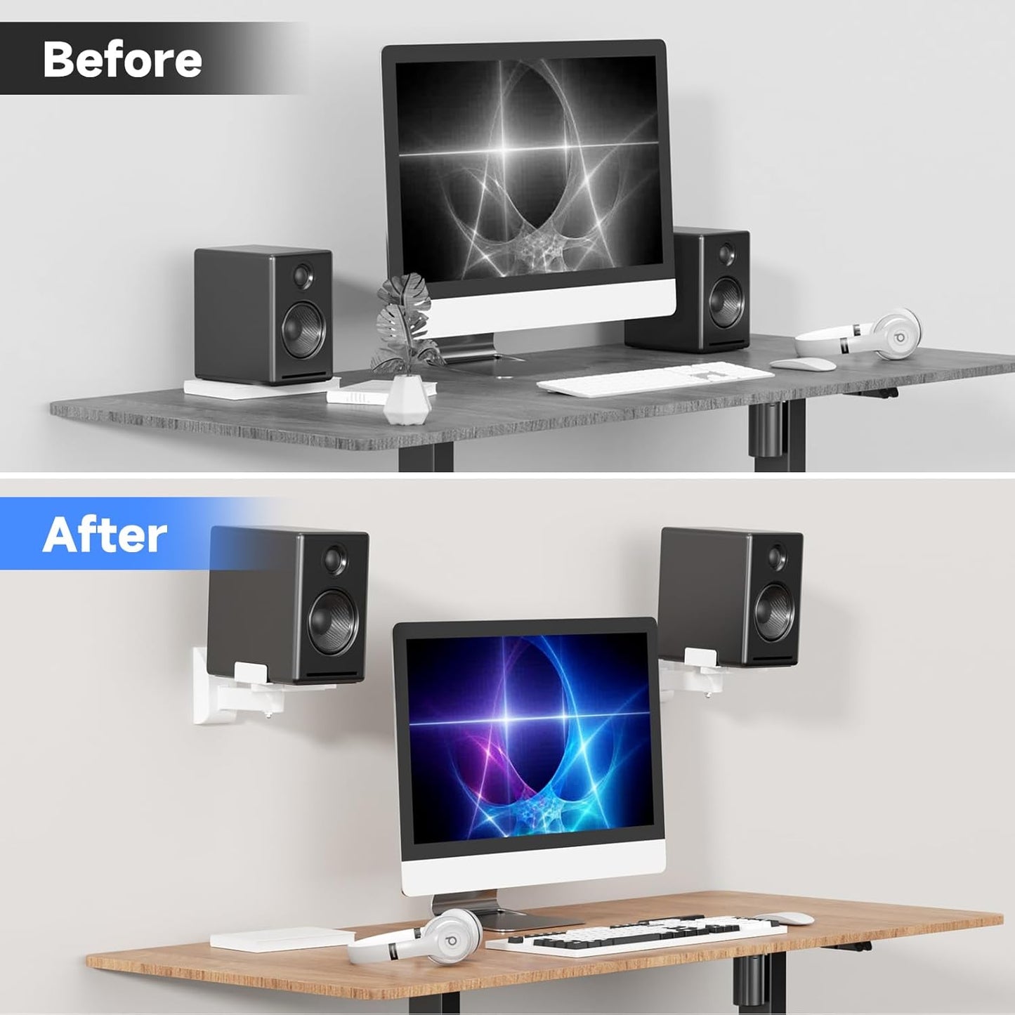 suptek Dual Side Clamping Bookshelf Speaker Wall Mounting Bracket for Large Surrounding Sound Speakers, Hold Up to 55 lbs, White (SPM201W)