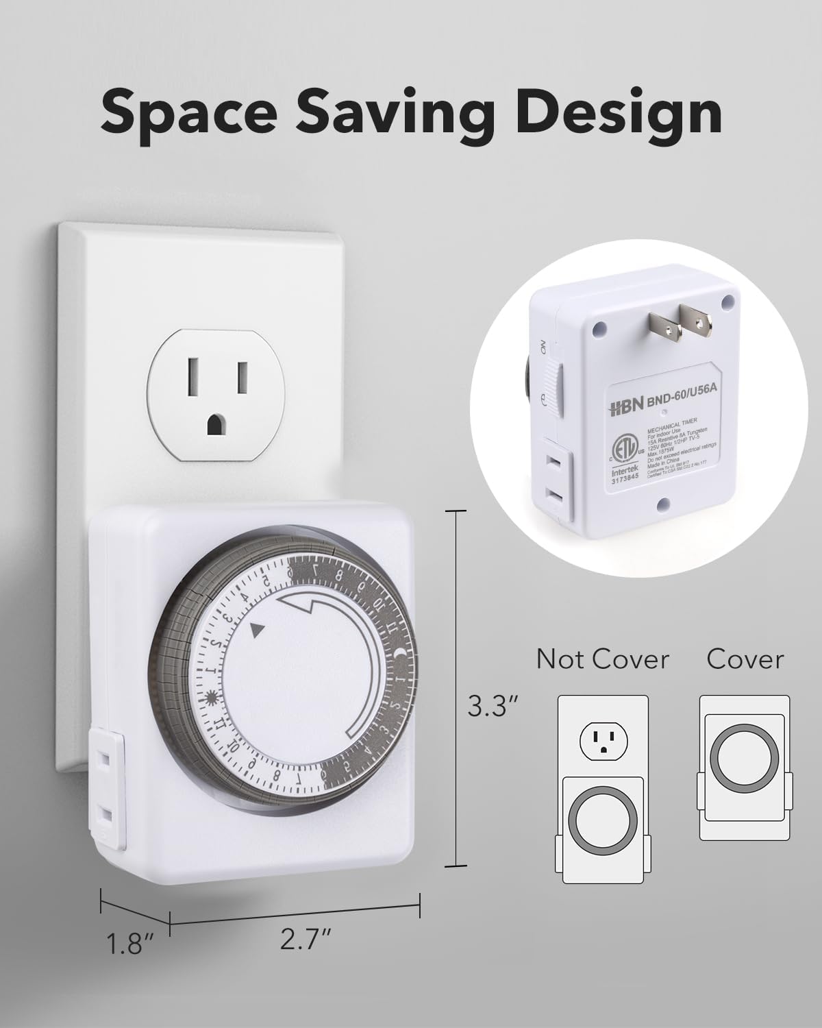 HBN Outlet Timer for Electrical Outlets Indoor, 24 Hour Mechanical Light Timers for Lamps, Dual 2-Prong Plug-in Outlets, 15-Minute Intervals, Heavy Duty Daily Cycle, 1 Pack