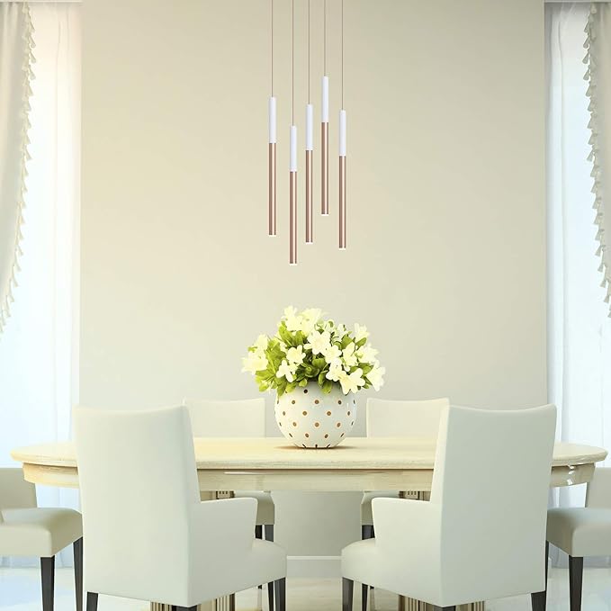 ALTAIR 5 Mini Pendant Lighting White-Copper - LED Hanging Light Fixture for Kitchen Island, Bar, Foyer - Cluster Pendants - Dimmable, Adjustable Wire, Lamp Bulb Included