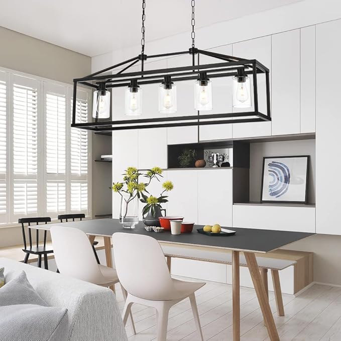 BONLICHT Kitchen Island Lighting 5 Light Modern Farmhouse Metal Cage Chandeliers with Clear Glass Shade Black Industrial Rectangle Dining Room Light Fixture Hanging Pendant Lamp for Foyer Bar Entryway