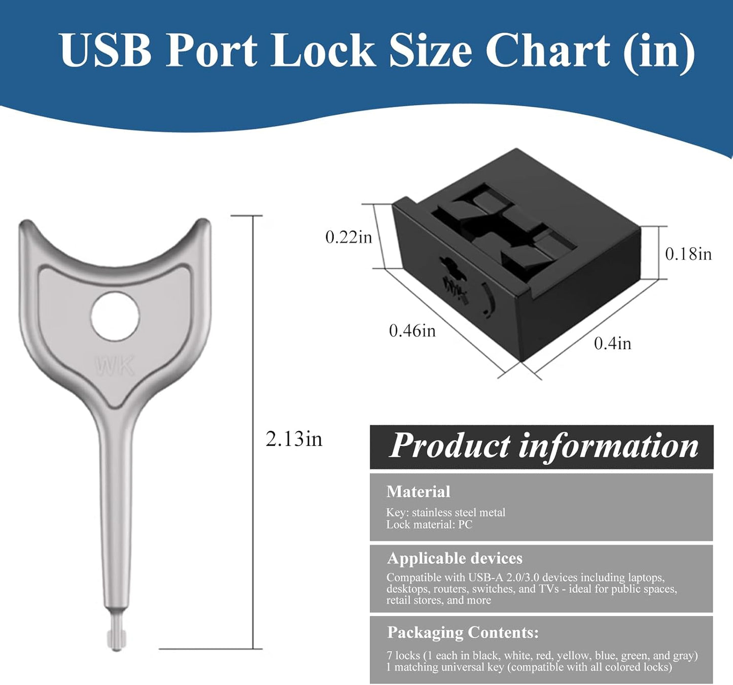 7 PCS USB Port Blockers with 1 Locks for PC, Laptop Removable Type-A Data Protection,Dust & Moisture Resistant Shield(Mixed Colors Packs Svailable for Port Sorting)