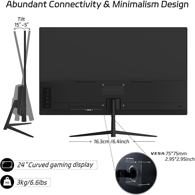 24 Inch FHD Gaming Monitor, 1080P IPS Computer Monitor with 100Hz, 1ms Response Time, 1000:1 Contrast Ratio, VESA Compatible, Tilt Adjustable, AMD FreeSync, Build-in Speakers