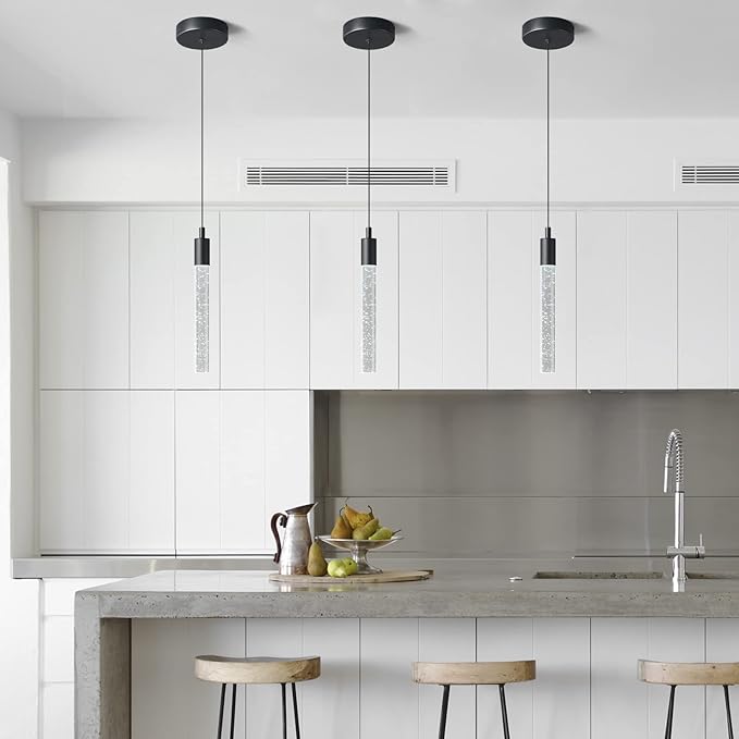 Modern Kitchen Island Pendant Light Dimmable LED Black Finish Mini Crystal Pendant Lighting Bedroom Bedside Table Small Pendant Lights(1-Pack)