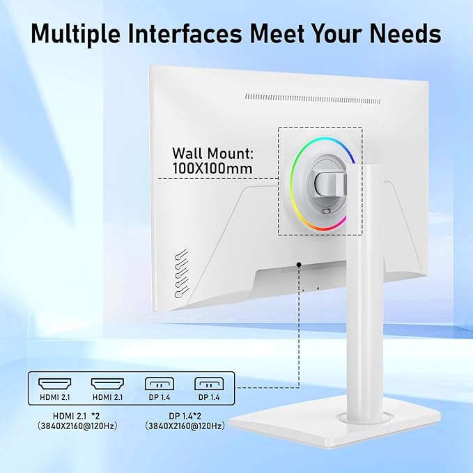 27 inch 4K Gaming Monitor, UHD 3840x2160 Fast IPS Panel Computer PC Monitor, 120Hz, 100% sRGB, FreeSync & G-Sync, HDR 400 Support, HDMI 2.1 & DP 1.4, VESA Mountable-White