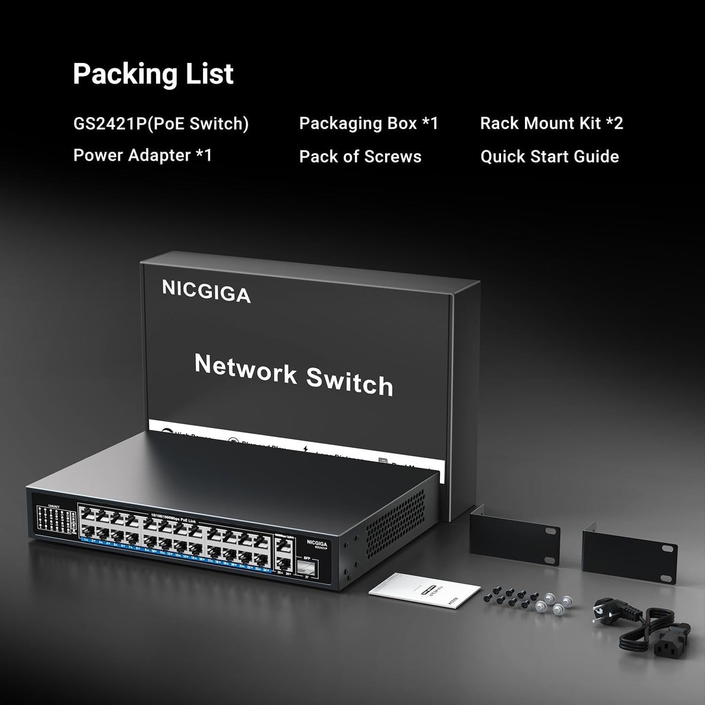 NICGIGA 24-Port Gigabit PoE Switch with 24 PoE+@300W, 2 Gigabit Uplink Ports, 1 SFP, Sturdy Metal for Desktop/Rack Mount, Plug and Play, Unmanaged Power Over Ethernet Switch