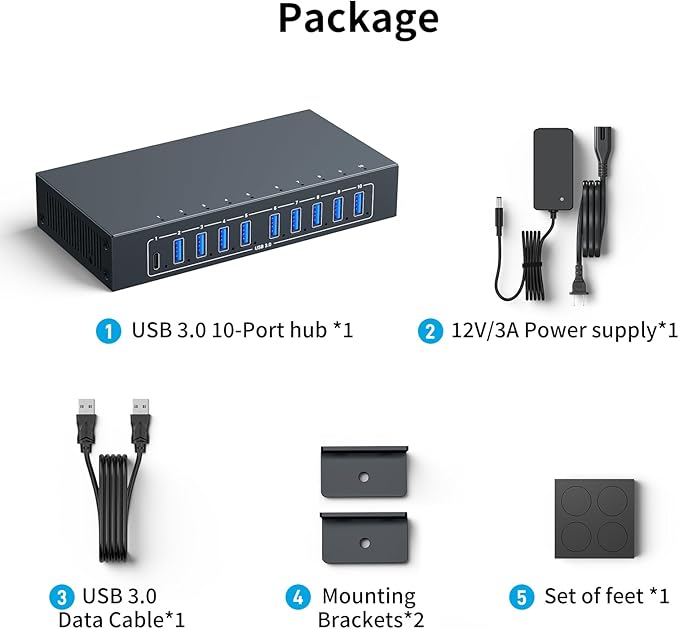 10 Port USB 3.0 Hub, Industrial Powered USB Data Hub with 12V/3A Adapter 105W Output, Rugged Metal Case Mountable USB Expander Splitter