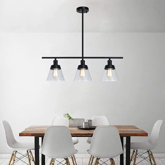 Fivess Lighting 3-Light Farmhouse Black Kitchen Island Lighting, Clear Seeded Glass Linear Chandelier, Adjustable Rods Industrial Rustic Pendant Light Fixture for Kitchen Island Dining Room