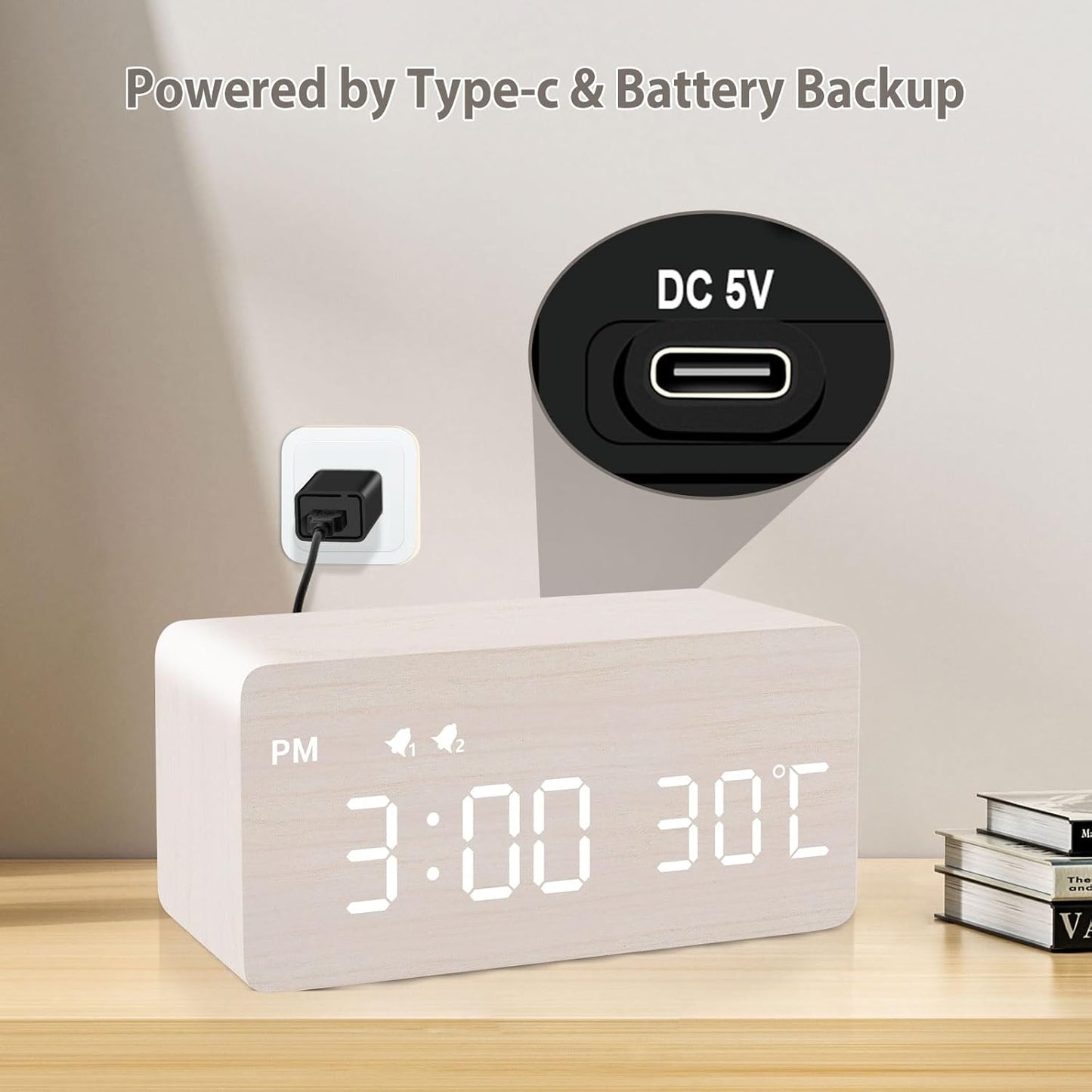 MOSITO Digital Wooden Alarm Clock with Wireless Charging, 0-100% Dimmer, Dual Alarm, Weekday/Weekend Mode, Snooze, Wood LED Clocks for Bedroom, Bedside, Desk, Kids (White)