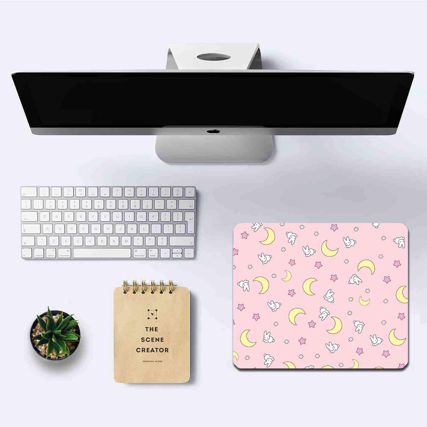 IMAYONDIA Pink Kawaii Mouse Pad, Cute Moon Bunny Small Mouse Mat,Aesthetic Anime Mousepad for Women Kids Office Home School, Computer PC Laptop Mice Pad, 9.5 x 7.9 Inch
