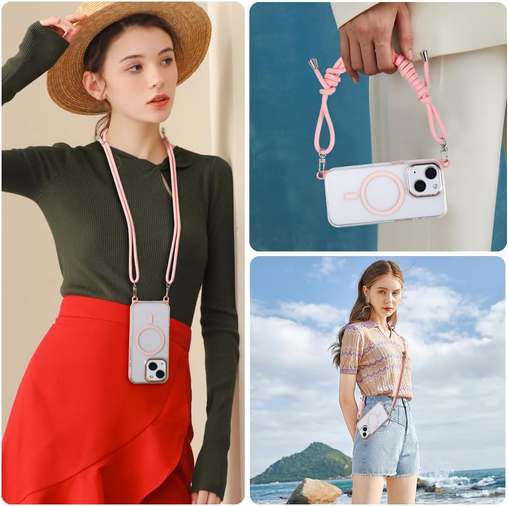 for iPhone 13/14 Case with 62.99 inch Lanyard, Classic Clear&Pink Magnetic Phone Case, Drop&Shockproof Protection Cases, Phone Lanyard for Around The Neck, Compatible with Magnet Accessory