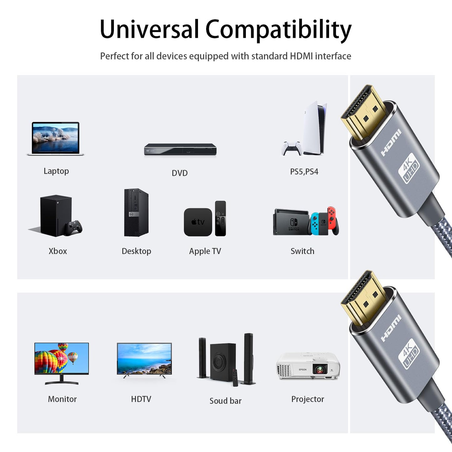 LEADSTAR HDMI Cable 4K 40 ft / 12m, High Speed HDMI 2.0 Cord Braided | 4K@30Hz, Ultra HD, 1080p, ARC, HDR, 3D, HDCP 2.2 | for Xbox, PS5, TV, Laptop, Monitor