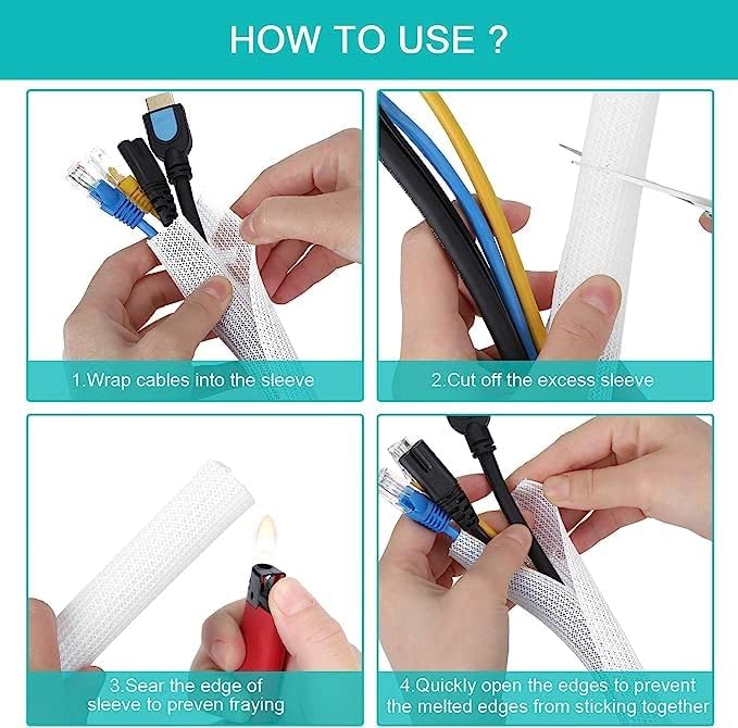 20ft - 1 inch White Cable Sleeve, Cable Organizer for Desk PC TV Computer, Wire Protector Cable Wrap Cover, Cord Management for Home Office