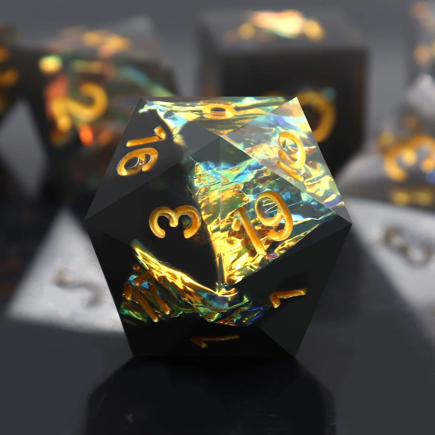 Haxtec Sharp Edge Dice Set DND Dice Black Resin Dice Iridecent Mylar Galaxy D&D Dice for RPG Role Playing Compatible with Dungeons and Dragons Gift