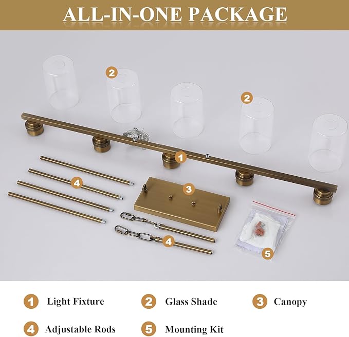 Island Light for Kitchen, Brushed Brass Dining Room Light Fixture Over Table, 5-Light Linear Chandelier Pendant Lighting for Dining Table Kitchen Island Living Room