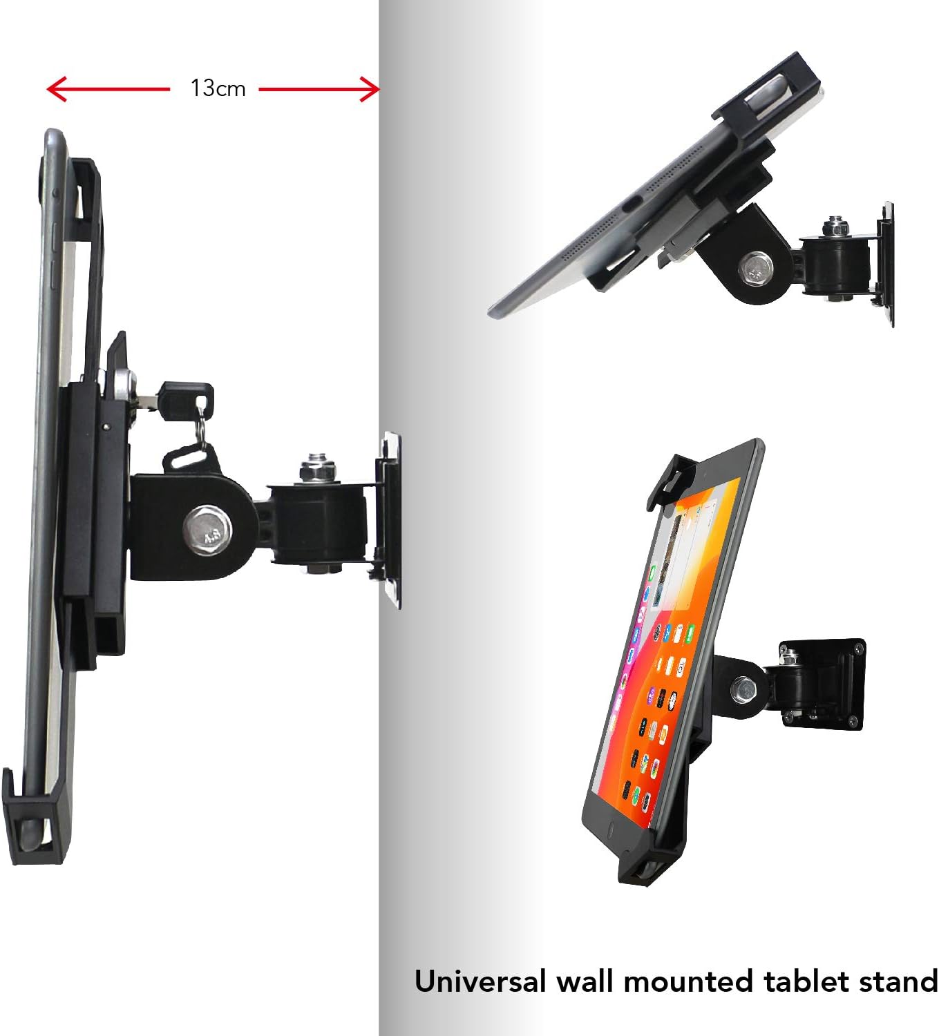 Tablet Wall Mount Holder with Lock and Key, Rotate Design Arbitrary Adjustment,Multi Angle,Bracket for Most 8 to 10.4 Inch,and for iPad Air &10.2,10.9,Pro 11 Galaxy tab,and More (Black)