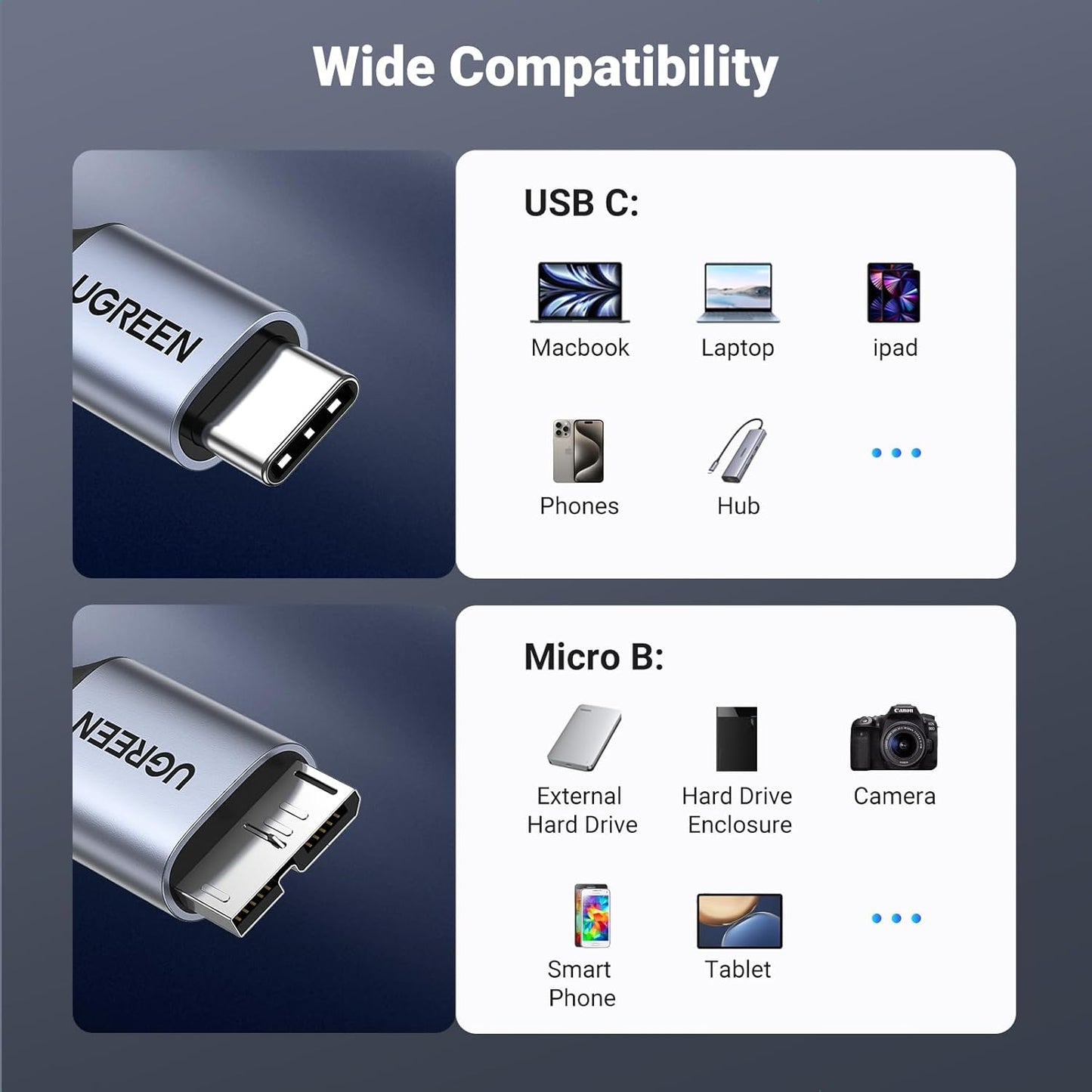 UGREEN 10 Gbps Micro B to USB C Hard Drive Cables, 6.6FT USB C to Micro B, External Hard Drive Cable Compatible with MacBook Pro/Air, iPad/Tablet, iPhone, Samsung Galaxy S24, WD Seagate etc