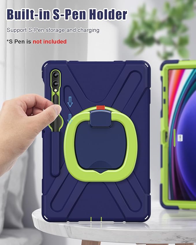 BRAECN Case for Samsung Galaxy Tab S9 FE+ Plus/ S9+/S8+/S7 FE/S7+ 12.4 Inch 2023, Heavy Duty Rugged Silicone Cover w/S Pen Holder, Handle Grip, Stable Kickstand, Shoulder Strap, Navy Green