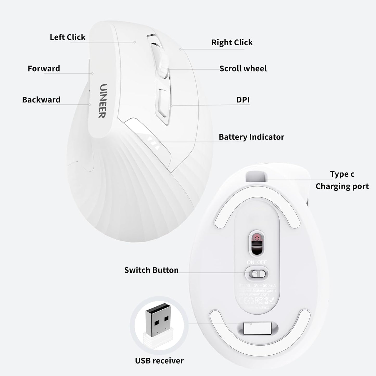 Vertical Mouse Wireless, 2.4G Rechargeable Mouse with Battery Indicator,4 Level DPI,Ergonomic Design for Comfort and Reduced Wrist Strain, Ideal for Home,Office Use (White)