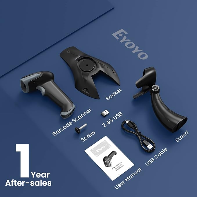 Eyoyo 2D 1D Wireless Barcode Scanner with Stand, 3-in-1 Barcode Reader 2.4G Wireless & Bluetooth & Wired USB Connection, Handheld QR Scanner Compatible with iPhone, Mac, Android, Store, Warehouse...