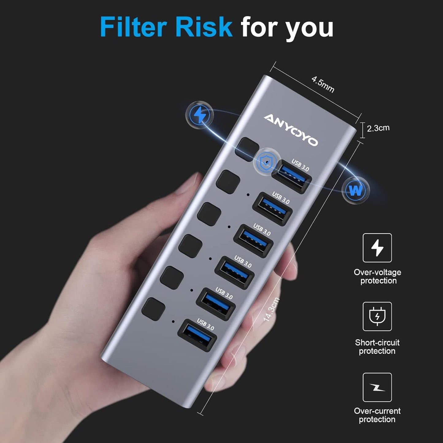 Powered USB Hub with TF/SD Card Reader, 8-Port USB 3.0 Hub with 6 USB 3.0 Data Ports, USB Spilter with Individual On/Off Switches,Aluminum USB Hub with AC Adapter for PC, Desktop, MacBook