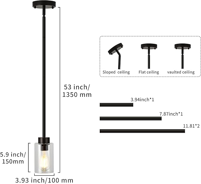Pendant Light Fixtures, Matte Black Pendant Lighting Hanging Light Fixtures with Clear Glass Shade,Oil Rubbed Bronze Tiltable Pendant Lighting for Kitchen Island, Dining Room, Bathroom