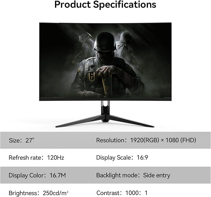 27" Full HD (1920 x 1080) Gaming Office Monitor Fast-IPS Panel FreeSync Compatible 120Hz Refresh sRGB 100% 16.70 Million Colors VESA 100 * 100mm Compatible HDMI & VGA Ports(R27 Velo)