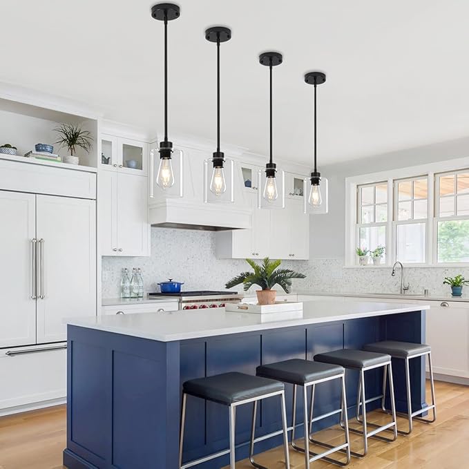 Glass Pendant Lights Kitchen Island 2 Pack, Modern Pendant Lighting Over Island Black Farmhouse Kitchen Hanging Light Fixtures Adjustable Mini Chandeliers for Hallway Entryway Bedroom Dining Room