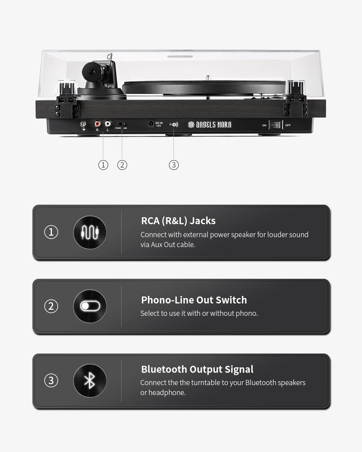 ANGELS HORN High Fidelity Vinyl Record Player, Bluetooth Turntable, 2 Speed Belt Drive, Built-in Preamp, Adjustable Counterweight,Magnetic Cartridge (Black)