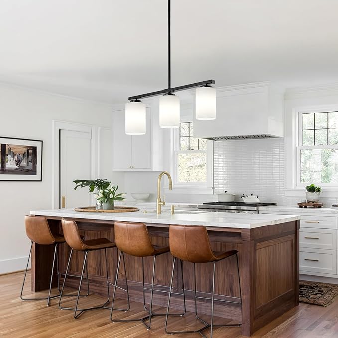3-Light Modern Island Lights for Kitchen, Black Dining Room Light Fixtures Farmhouse Linear Chandeliers Over Table, White Frosted Glass Adjustable Hanging Light Kitchen Pendant Lighting Over Island