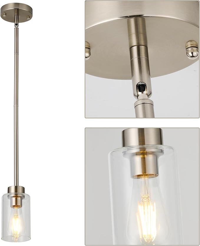 Modern Black Farmhouse Clear Glass Cylinder Pendant Light Fixture,Brushed Nickel Ceiling Hanging Metal Industrial Mini Pendant Lighting for Kitchen Island Dining Table Bedroom Hallway Foyer