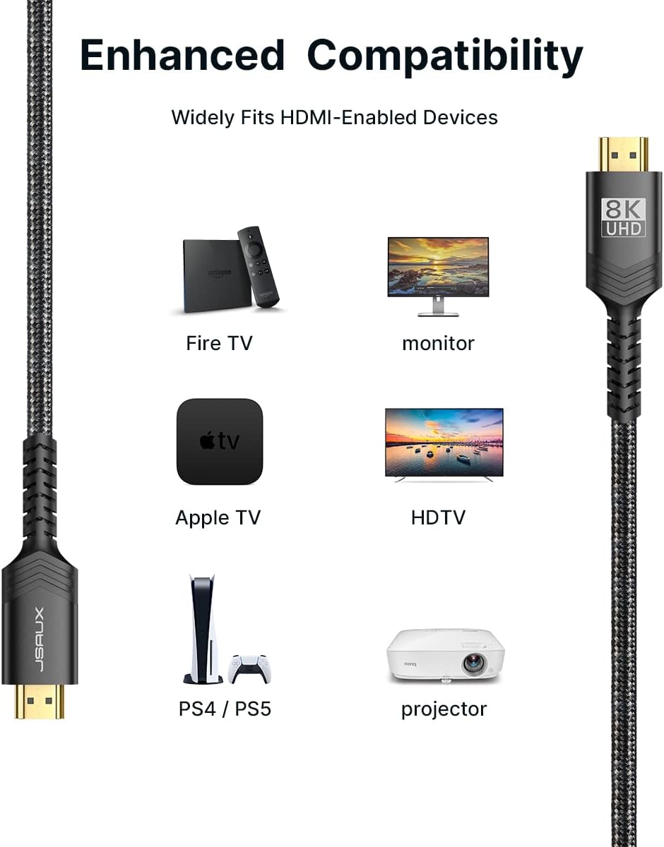 JSAUX 8K Long HDMI Cable 15ft 2-Pack 48Gbps Ultra High Speed HDMI 2.1 Braided Cord, 4K@120Hz 144Hz, 8K@60Hz, HDCP 2.2 & 2.3, HDR 10, eARC Compatible with Laptop Monitor UHD TV PS5 Dolby-Black