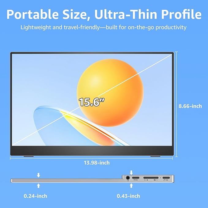 VisionOwl Portable Monitor 15.6 Inch 1080P FHD 85% sRGB Second Screen, USB-C HDMI HDR FreeSync Travel Monitor for Laptop PC MacBook PS5 Xbox, VESA Mountable, with Speakers, Cover Stand, Silver