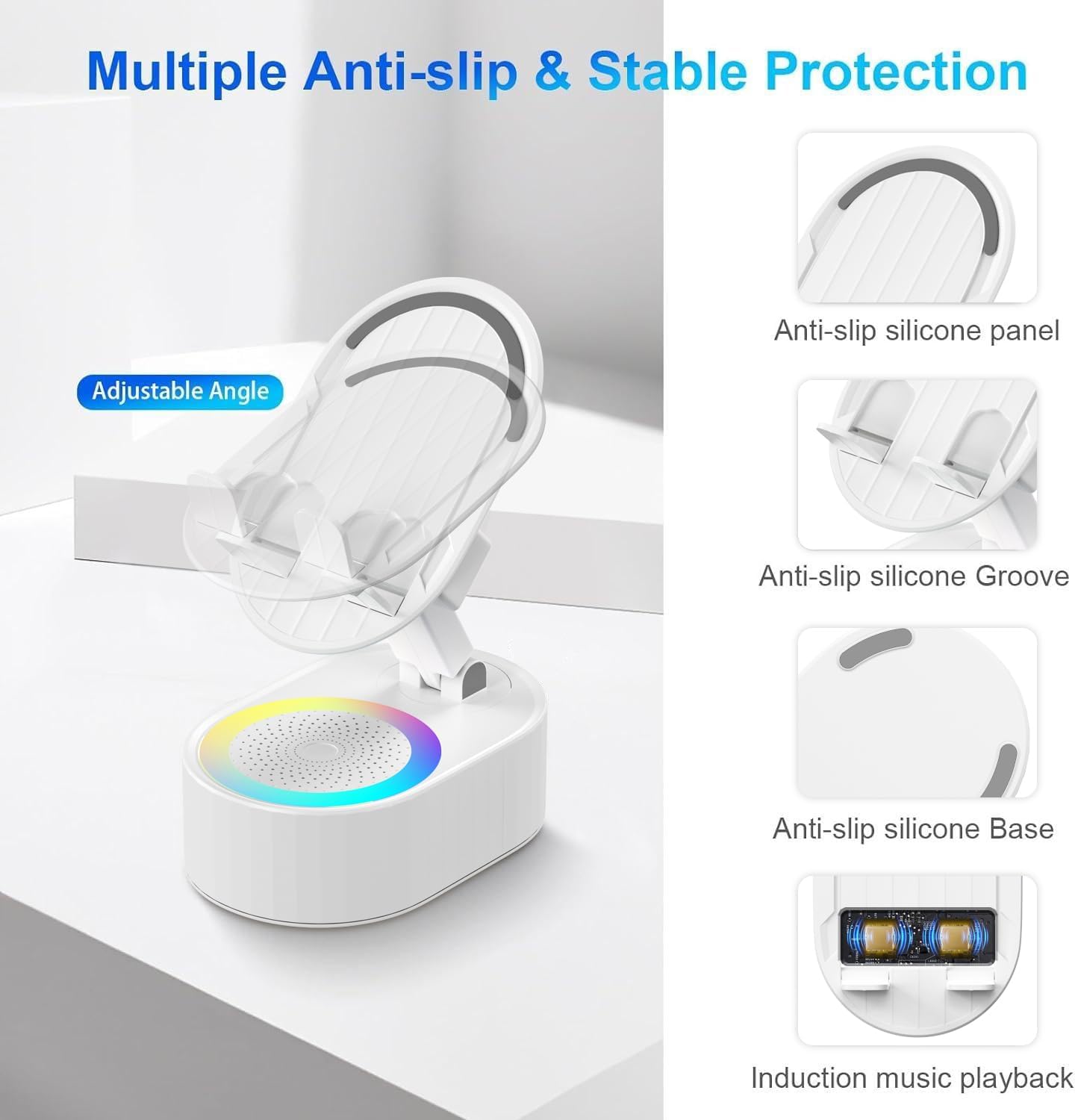 Wireless Induction Audio Bluetooth Speaker 5in1 Phone Holder Emergency Rechargeable (3000mAh) with Colorful Ambient Light 300° Foldable for Tablet iPhone Android, Gifts for Men Women (White)