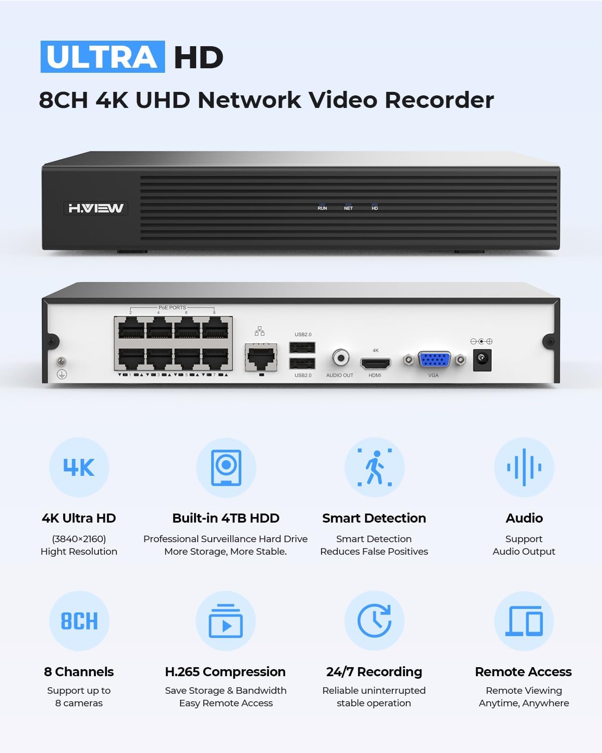 H.VIEW 4K/8.0 Megapixel PoE Outdoor Home Security Camera System Wired Outdoor Video Surveillance IP Cameras System,Ultra Wide-Angle &Audio,8CH NVR 4TB HDD
