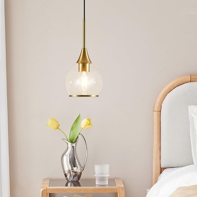 1-Piece Island Light for Kitchen, 1-Light Gold Kitchen Island Hanging Pendant Light, Brushed Gold Dining Room Light Fixture Over Table with Clear Round Glass Shades