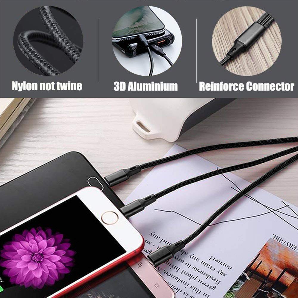 Multi Charging Cable, 4ft 2Pack Multi Phone Charger Cable Braided Universal 3 in 1 Charging Cord Extra Long Multiple USB Cable with USB C, Micro USB Port Connectors for Cell Phones and More(Red+Black)