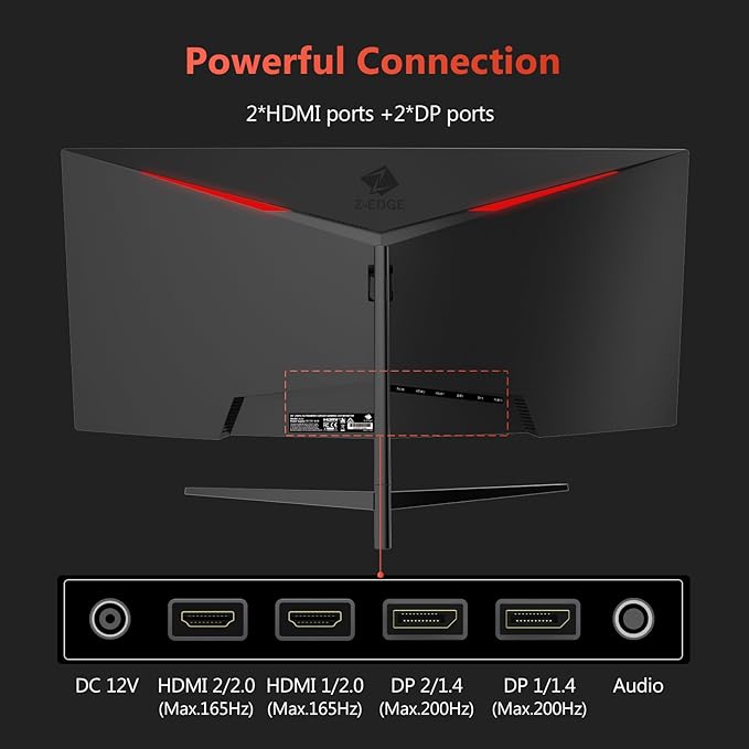 Z-Edge 30" Curved Gaming Monitor, WFHD1080P 200Hz 165Hz Monitor, MPRT 1ms, 21:9 Aspect Ratio, 1500R Curved, 16.7M Colors, 3000:1 Contrast, UG30 PIP-PBP, 2X DP 1.4 Ports and 2X HDMI 2.0 Port
