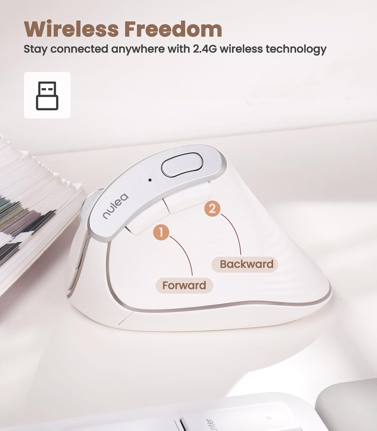 Nulea M510 Vertical Mouse Wireless, Ergonomic Mouse for Comfy Tracking, 3 Adjustable DPI (800-1200-1600), 2.4G Wireless Vertical Mouse with 6 Buttons, Compatible with Windows, Mac OS, Laptop, White